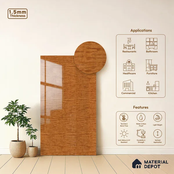 Wooden Look KD 704 Exotica Teak 8 ft x 4 ft High Gloss Finish 6H Anti Scratch Acrylic Laminate - 1.5 mm | Suitable for Kitchen Cabinet, TV Unit, Wardrobe