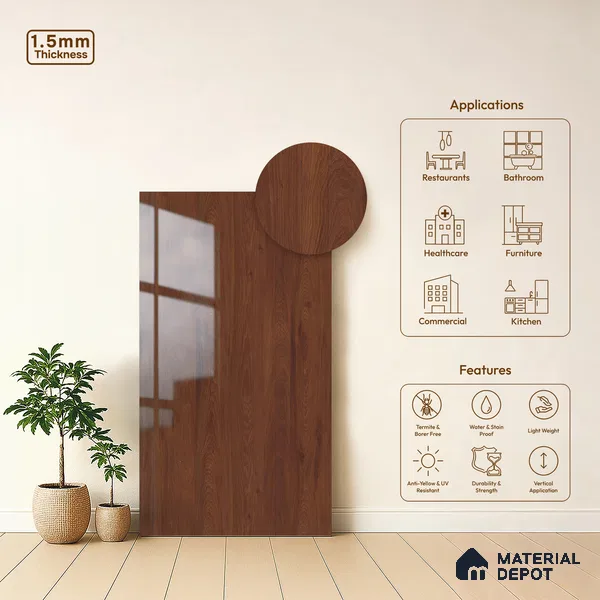 Wooden Look LM 23361 Teak Horizon 8 ft x 4 ft High Gloss Finish 6H Anti Scratch Acrylic Laminate - 1.5 mm | Suitable for Kitchen Cabinet, TV Unit, Wardrobe