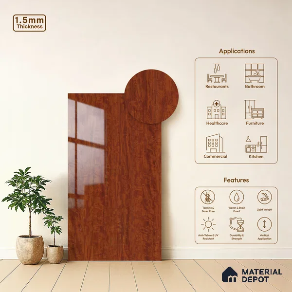 Wooden Look LM 23363 RubyWooden 8 ft x 4 ft High Gloss Finish 6H Anti Scratch Acrylic Laminate - 1.5 mm | Suitable for Kitchen Cabinet, TV Unit, Wardrobe