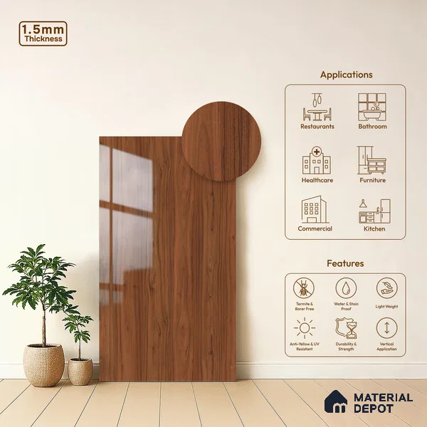 Wooden Look LM 23364 Walnut Crest 8 ft x 4 ft High Gloss Finish 6H Anti Scratch Acrylic Laminate - 1.5 mm | Suitable for Kitchen Cabinet, TV Unit, Wardrobe
