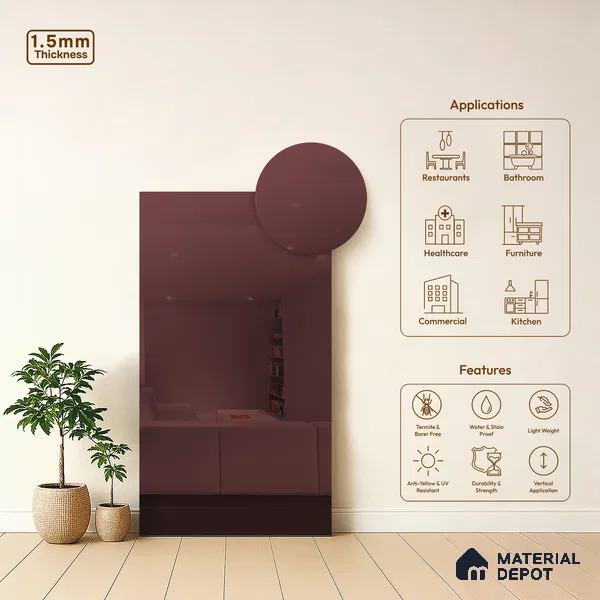 Pink Mirror Look LM 23365 Rose Gold 8 ft x 4 ft High Gloss Finish 6H Anti Scratch Acrylic Laminate - 1.5 mm | Suitable for Kitchen Cabinet, TV Unit, Wardrobe