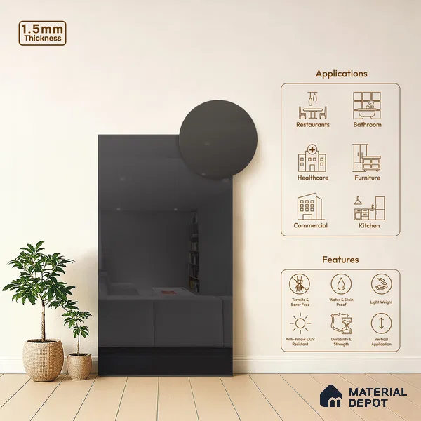 Grey Mirror Look LM 23366 Grey 8 ft x 4 ft High Gloss Finish 6H Anti Scratch Acrylic Laminate - 1.5 mm | Suitable for Kitchen Cabinet, TV Unit, Wardrobe