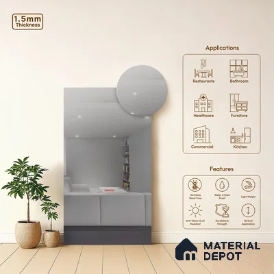 Silver Mirror Look LM 23367 Silver 8 ft x 4 ft High Gloss Finish 6H Anti Scratch Acrylic Laminate - 1.5 mm | Suitable for Kitchen Cabinet, TV Unit, Wardrobe