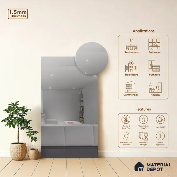 Silver Mirror Look LM 23367 Silver 8 ft x 4 ft High Gloss Finish 6H Anti Scratch Acrylic Laminate - 1.5 mm | Suitable for Kitchen Cabinet, TV Unit, Wardrobe
