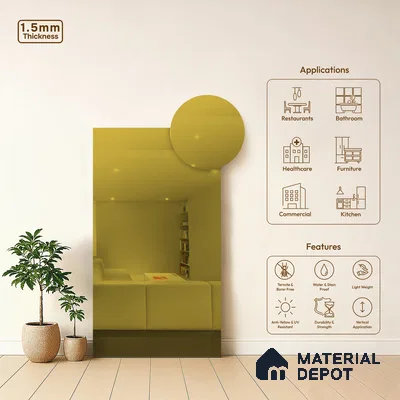 Golden Mirror Look LM 23368 Golden 8 ft x 4 ft High Gloss Finish 6H Anti Scratch Acrylic Laminate - 1.5 mm | Suitable for Kitchen Cabinet, TV Unit, Wardrobe