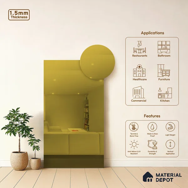 Golden Mirror Look LM 23368 Golden 8 ft x 4 ft High Gloss Finish 6H Anti Scratch Acrylic Laminate - 1.5 mm | Suitable for Kitchen Cabinet, TV Unit, Wardrobe