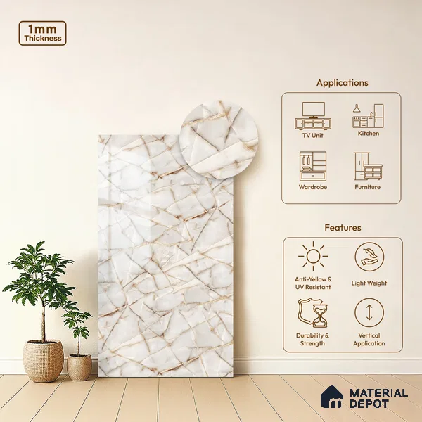Beige Marble Look LM 06182 8 ft x 4 ft Glossy Finish Decorative Laminate - 1 mm | Suitable for TV Unit, Wardrobe, Kitchen Cabinets