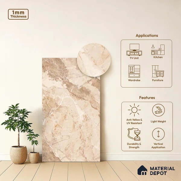 Brown Marble Look LM 06183 8 ft x 4 ft Texture Finish Decorative Laminate - 1 mm | Suitable for TV Unit, Wardrobe, Kitchen Cabinets