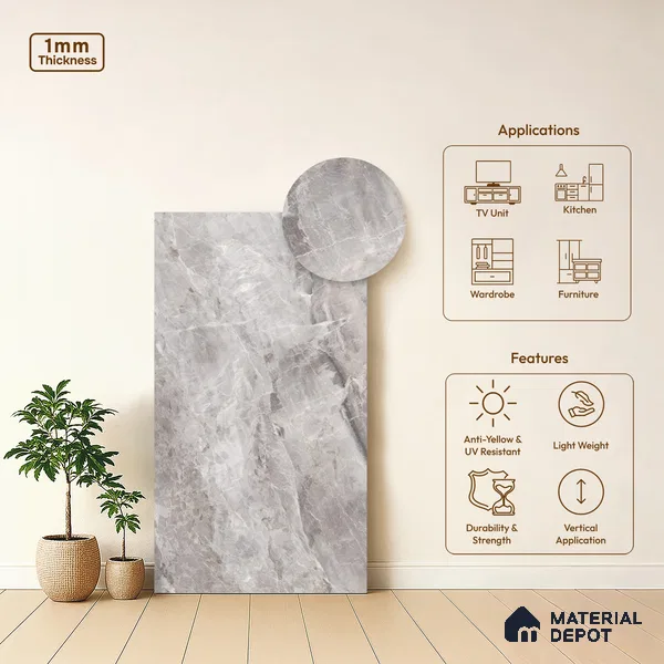 Grey Marble Look LM 06184 8 ft x 4 ft Matte Finish Decorative Laminate - 1 mm | Suitable for TV Unit, Wardrobe, Kitchen Cabinets