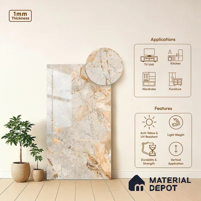 Brown Marble Look LM 06185 8 ft x 4 ft Glossy Finish Decorative Laminate - 1 mm | Suitable for TV Unit, Wardrobe, Kitchen Cabinets