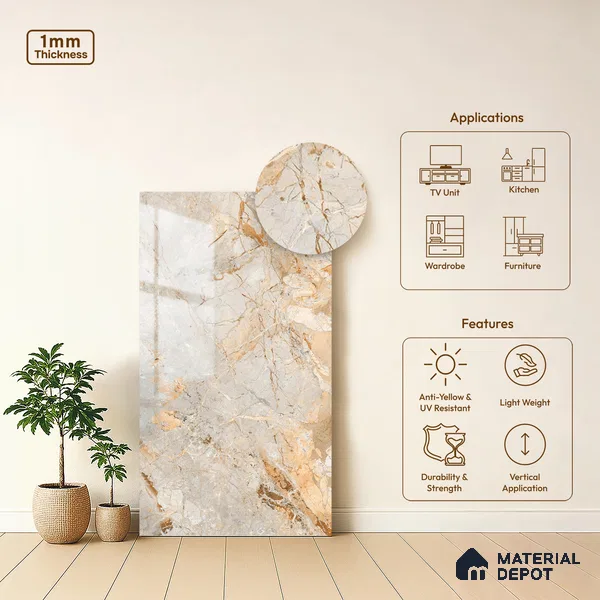 Brown Marble Look LM 06185 8 ft x 4 ft Glossy Finish Decorative Laminate - 1 mm | Suitable for TV Unit, Wardrobe, Kitchen Cabinets