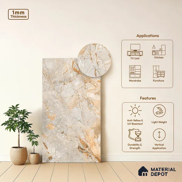 Brown Marble Look LM 06186 8 ft x 4 ft Texture Finish Decorative Laminate - 1 mm | Suitable for TV Unit, Wardrobe, Kitchen Cabinets