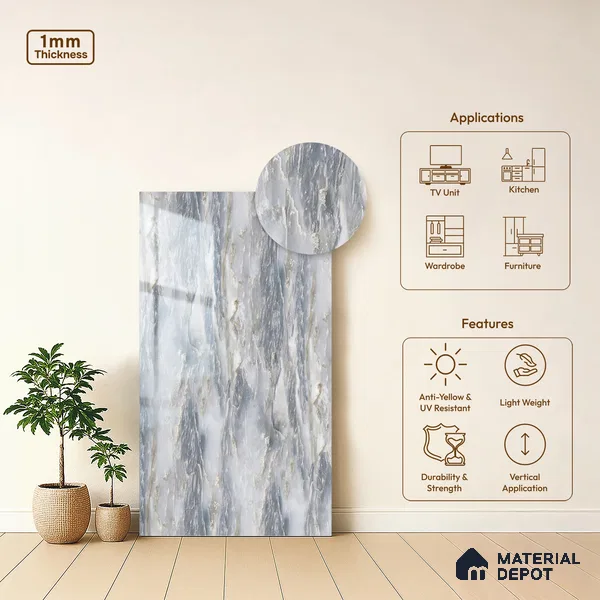Blue Marble Look LM 06187 8 ft x 4 ft Glossy Finish Decorative Laminate - 1 mm | Suitable for TV Unit, Wardrobe, Kitchen Cabinets