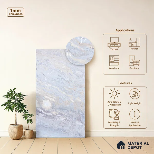 Blue Marble Look LM 06188 8 ft x 4 ft Texture Finish Decorative Laminate - 1 mm | Suitable for TV Unit, Wardrobe, Kitchen Cabinets