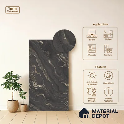 Black Marble Look LM 06189 8 ft x 4 ft Matte Finish Decorative Laminate - 1 mm | Suitable for TV Unit, Wardrobe, Kitchen Cabinets