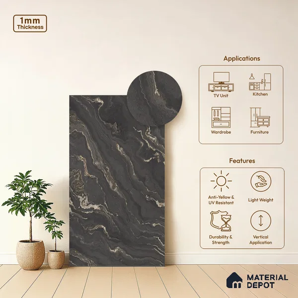 Black Marble Look LM 06189 8 ft x 4 ft Matte Finish Decorative Laminate - 1 mm | Suitable for TV Unit, Wardrobe, Kitchen Cabinets