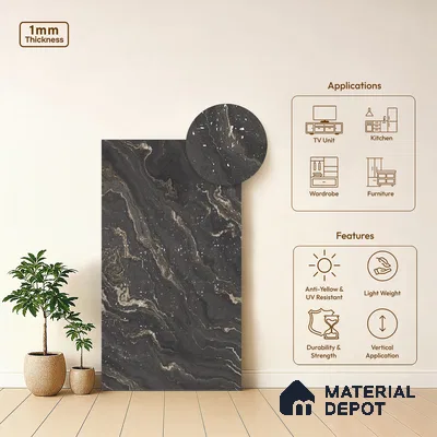 Black Marble Look LM 06190 8 ft x 4 ft Texture Finish Decorative Laminate - 1 mm | Suitable for TV Unit, Wardrobe, Kitchen Cabinets