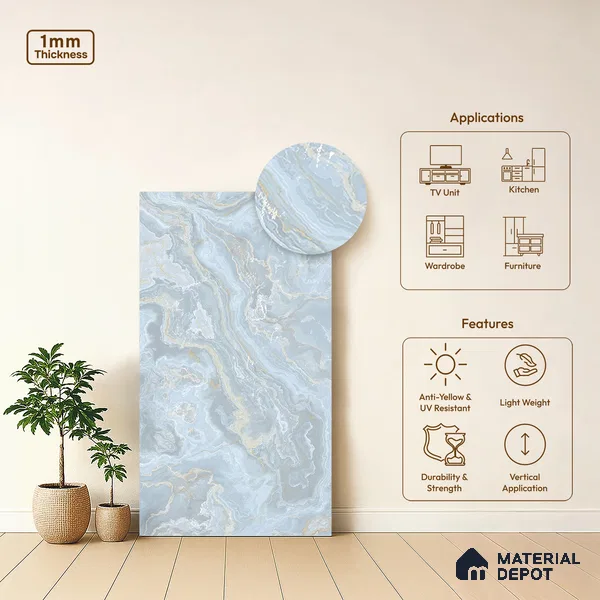 Blue Marble Look LM 06194 8 ft x 4 ft Texture Finish Decorative Laminate - 1 mm | Suitable for TV Unit, Wardrobe, Kitchen Cabinets