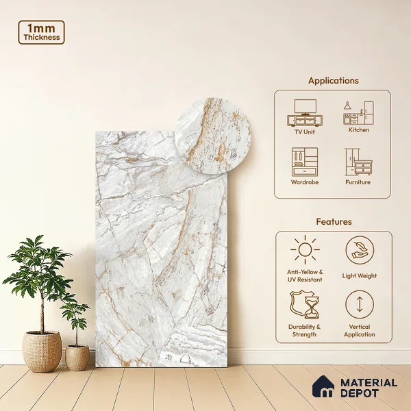 White Creck Stone Marble Look LM 06196 8 ft x 4 ft Matte Finish Decorative Laminate - 1 mm | Suitable for TV Unit, Wardrobe, Kitchen Cabinets