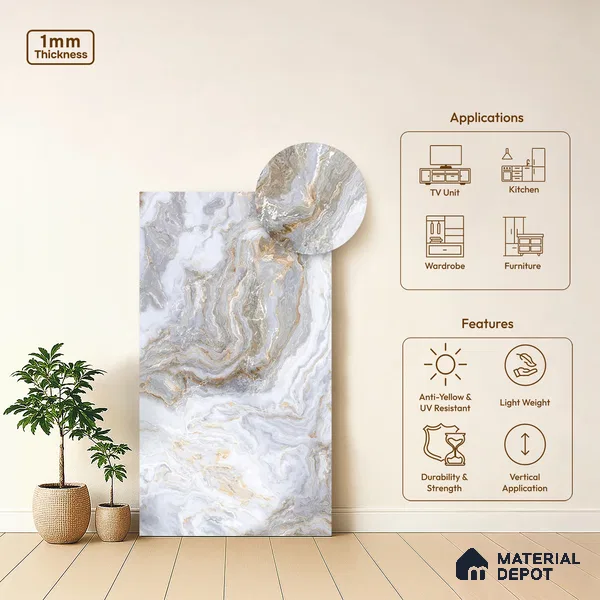 Grey Marble Look LM 06199 8 ft x 4 ft Texture Finish Decorative Laminate - 1 mm | Suitable for TV Unit, Wardrobe, Kitchen Cabinets