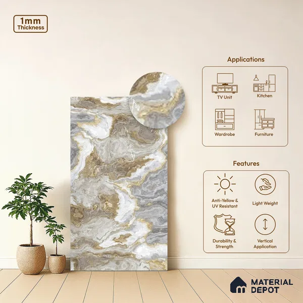 Brown Marble Look LM 06200 8 ft x 4 ft Texture Finish Decorative Laminate - 1 mm | Suitable for TV Unit, Wardrobe, Kitchen Cabinets