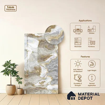 Brown Marble Look LM 06201 8 ft x 4 ft Glossy Finish Decorative Laminate - 1 mm | Suitable for TV Unit, Wardrobe, Kitchen Cabinets
