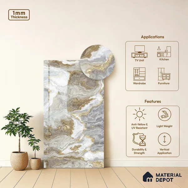 Brown Marble Look LM 06201 8 ft x 4 ft Glossy Finish Decorative Laminate - 1 mm | Suitable for TV Unit, Wardrobe, Kitchen Cabinets