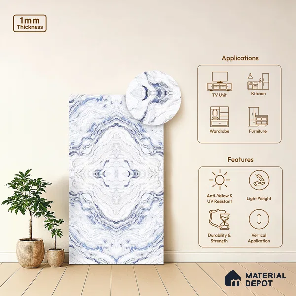 White Marble Look LM 06202 8 ft x 4 ft Texture Finish Decorative Laminate - 1 mm | Suitable for TV Unit, Wardrobe, Kitchen Cabinets