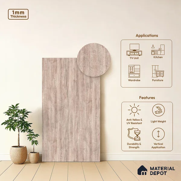 Wooden Look LM 13864 Introta Wood 8 ft x 4 ft Texture Finish Decorative Laminate - 1 mm | Suitable for TV Unit, Wardrobe, Kitchen Cabinets