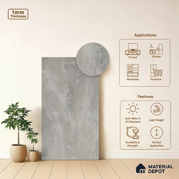 Grey Marble Look LM 05345 8 ft x 4 ft Texture Finish Decorative Laminate - 1 mm | Suitable for TV Unit, Wardrobe, Kitchen Cabinets