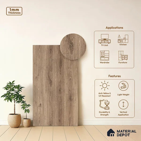 Wooden Look LM 05358 Gelato Parched Wood 8 ft x 4 ft Texture Finish Decorative Laminate - 1 mm | Suitable for TV Unit, Wardrobe, Kitchen Cabinets