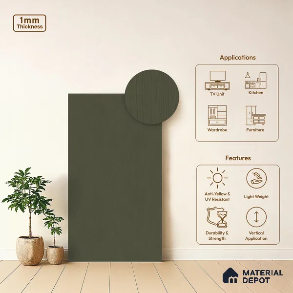 Green Textured Solid Look LM 20068 8 ft x 4 ft Texture Finish Decorative Laminate - 1 mm | Suitable for TV Unit, Wardrobe, Kitchen Cabinets