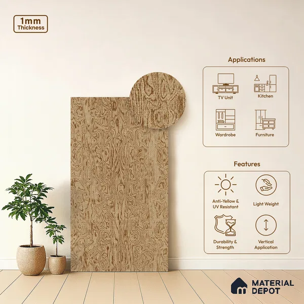 Wooden Look LM 20075 8 ft x 4 ft Texture Finish Decorative Laminate - 1 mm | Suitable for TV Unit, Wardrobe, Kitchen Cabinets