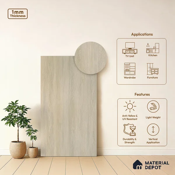Wooden Look LM 01611 B Rearwood Snow 8 ft x 4 ft Texture Finish Decorative Laminate - 1 mm | Suitable for TV Unit, Wardrobe, Kitchen Cabinets