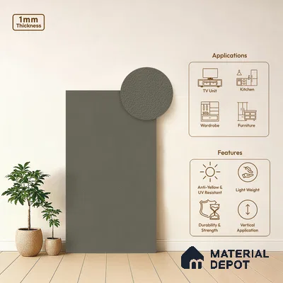 Grey Textured Solid Look LM 01881 8 ft x 4 ft Texture Finish Decorative Laminate - 1 mm | Suitable for TV Unit, Wardrobe, Kitchen Cabinets