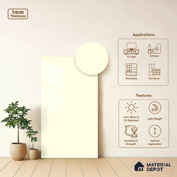 Warm White Beige Solid Colors Look LM 01900 8 ft x 4 ft Glossy Finish Decorative Laminate - 1 mm | Suitable for Living Room, Kitchen, Office