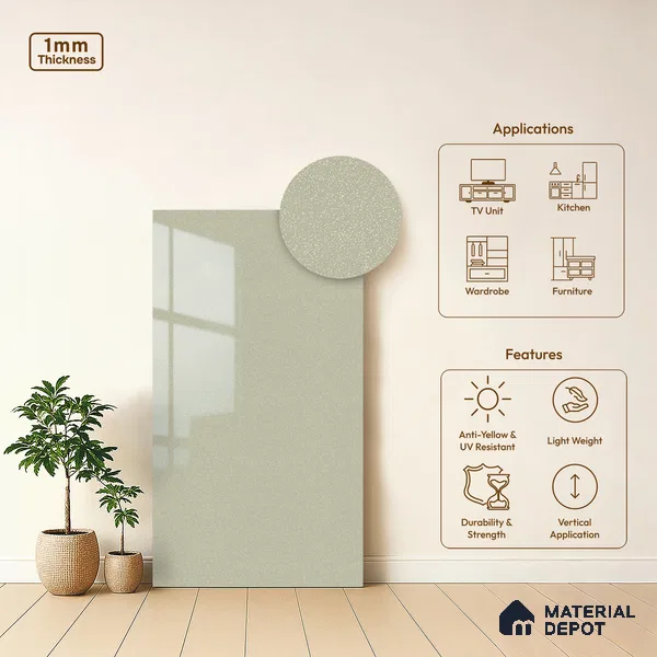 Pearl Grey Solid Colors Look LM 01936 8 ft x 4 ft Glossy Finish Decorative Laminate - 1 mm | Suitable for Living Room, Kitchen, Office