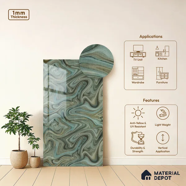 Grey Wave Look LM 13842 8 ft x 4 ft High Gloss Finish Decorative Laminate - 1 mm | Suitable for TV Unit, Wardrobe, Kitchen Cabinets