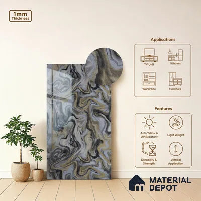 Grey Wave Look LM 13843 8 ft x 4 ft High Gloss Finish Decorative Laminate - 1 mm | Suitable for TV Unit, Wardrobe, Kitchen Cabinets