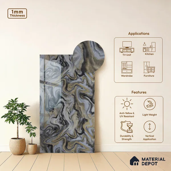 Grey Wave Look LM 13843 8 ft x 4 ft High Gloss Finish Decorative Laminate - 1 mm | Suitable for TV Unit, Wardrobe, Kitchen Cabinets