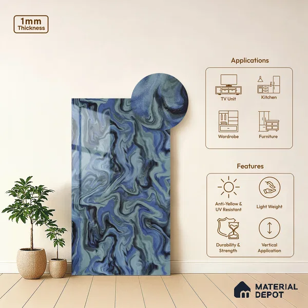 Blue Wave Look LM 13844 8 ft x 4 ft High Gloss Finish Decorative Laminate - 1 mm | Suitable for TV Unit, Wardrobe, Kitchen Cabinets