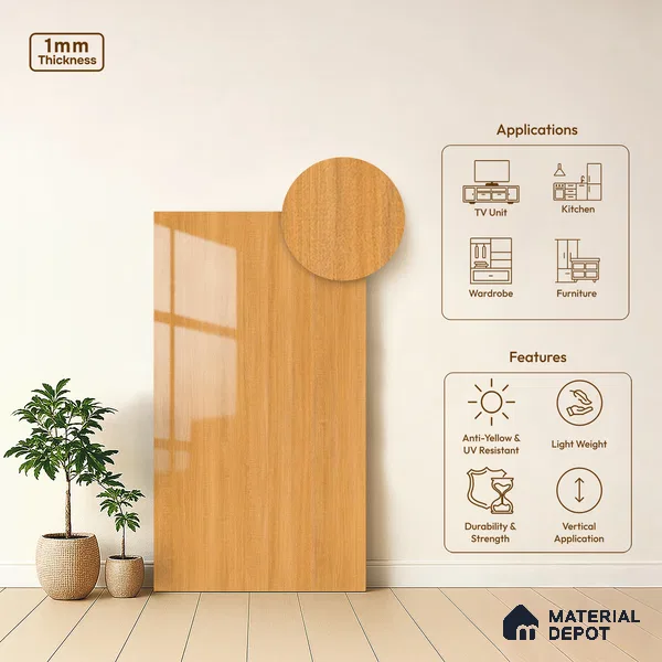 Wooden Look LM 13857 8 ft x 4 ft Glossy Finish Decorative Laminate - 1 mm | Suitable for TV Unit, Wardrobe, Kitchen Cabinets