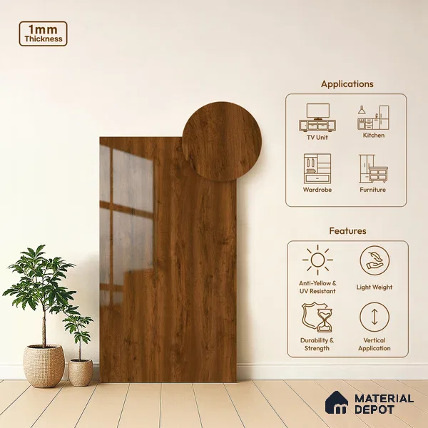 Wooden Look LM 13862 8 ft x 4 ft Glossy Finish Decorative Laminate - 1 mm | Suitable for TV Unit, Wardrobe, Kitchen Cabinets