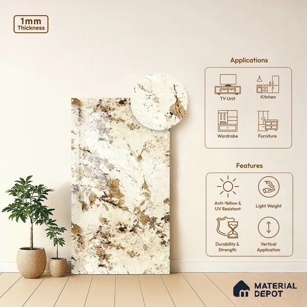 Stone Look LM 13863 8 ft x 4 ft High Gloss Finish Decorative Laminate - 1 mm | Suitable for TV Unit, Wardrobe, Kitchen Cabinets