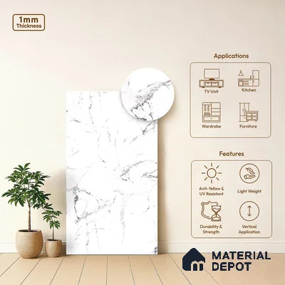 White Marble Look LM 13871 8 ft x 4 ft Matte Finish Decorative Laminate - 1 mm | Suitable for TV Unit, Wardrobe, Kitchen Cabinets