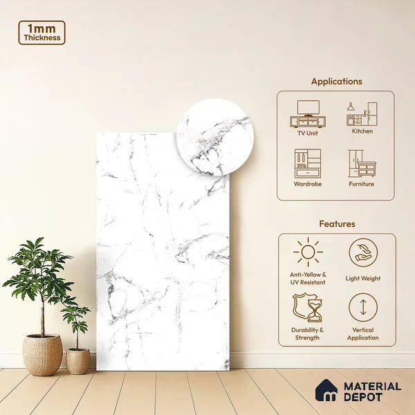 White Marble Look LM 13871 8 ft x 4 ft Matte Finish Decorative Laminate - 1 mm | Suitable for TV Unit, Wardrobe, Kitchen Cabinets