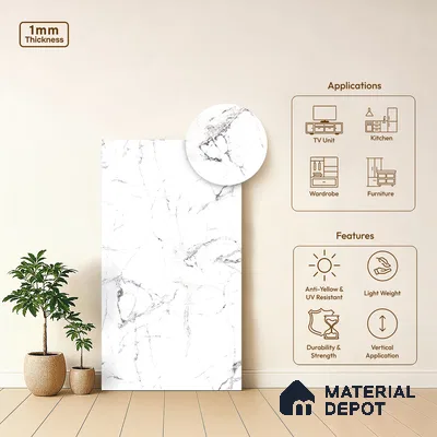 White Marble Look LM 13882 8 ft x 4 ft High Gloss Finish Decorative Laminate - 1 mm | Suitable for TV Unit, Wardrobe, Kitchen Cabinets