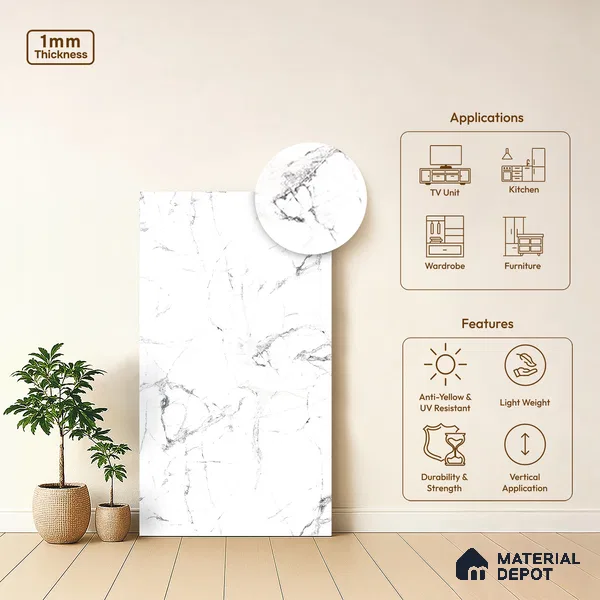 White Marble Look LM 13882 8 ft x 4 ft High Gloss Finish Decorative Laminate - 1 mm | Suitable for TV Unit, Wardrobe, Kitchen Cabinets