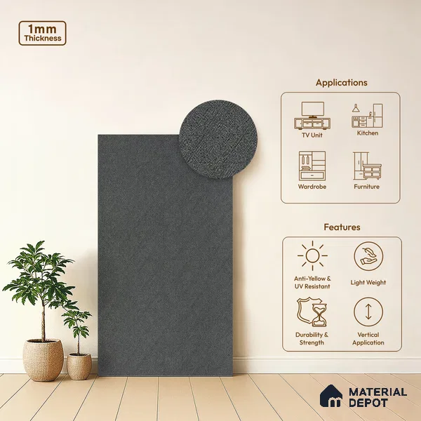 Black Cement Look LM 13883 8 ft x 4 ft High Gloss Finish Decorative Laminate - 1 mm | Suitable for TV Unit, Wardrobe, Kitchen Cabinets