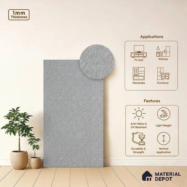 Grey Cement Look LM 13884 8 ft x 4 ft High Gloss Finish Decorative Laminate - 1 mm | Suitable for TV Unit, Wardrobe, Kitchen Cabinets